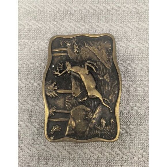 Vintage 1978 BTS Solid Brass Belt Buckle Deer Hunting Wilderness Made In USA - Picture 2 of 4